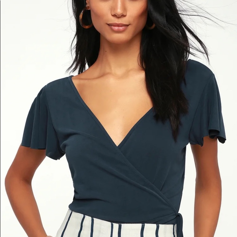 Lulus Bel Air Washed Navy Blue Wrap Top